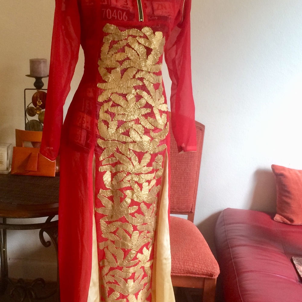 Red and Gold Embroidered Women's Dress - Picture 6 of 9